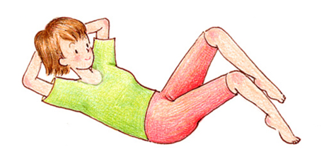 仰向けで両膝を立て、手の顔のうしろで組み、上体を起こしたまま足ふみをする図