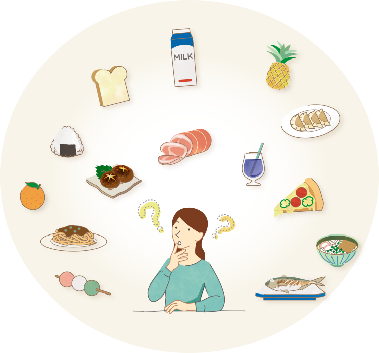 alt:This illustration shows a woman surrounded by many ingredients, including milk, bread, grilled fish and pineapple. She is confused when trying to choose foods with a good nutritional composition.