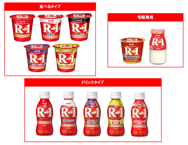 写真：「明治プロビオヨーグルトR-1」シリーズの食べるタイプ、宅配専用、ドリンクタイプの商品パッケージ