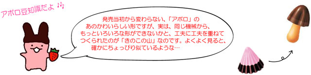 アポロ豆知識だよ♪（発売当初から変わらない、「アポロ」のあのかわいらしい形ですが、実は、同じ機械から、もっといろいろな形ができないかと、工夫に工夫を重ねてつくられたのが「きのこの山」なのです。よくよく見ると、確かにちょっぴり似ているような…）