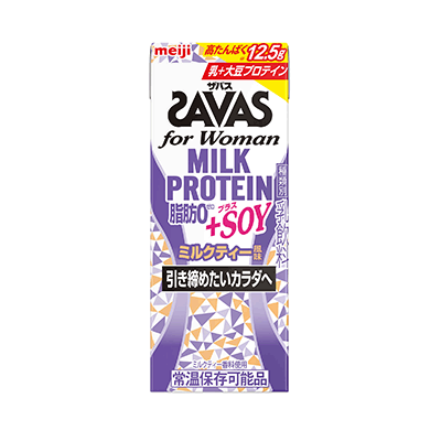 写真：（ザバス）for Woman MILK PROTEIN脂肪0+SOY ミルクティー風味の商品パッケージ