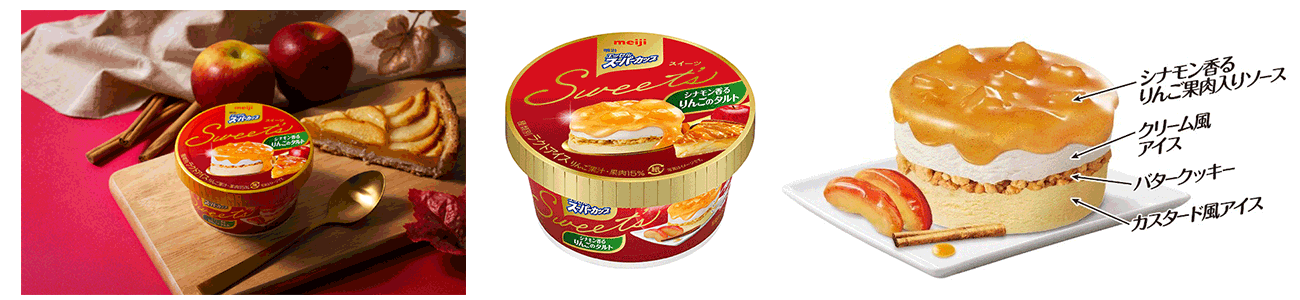 写真：「明治 エッセル スーパーカップSweet’s シナモン香るりんごのタルト」商品イメージ。シナモン香るりんご果肉入りソース、クリーム風アイス、バタークッキー、カスタード風アイスの4層