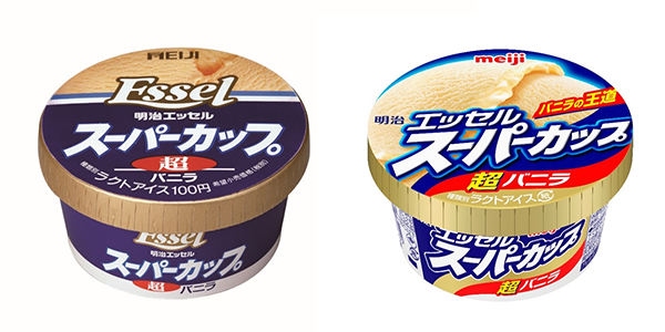 画像：1994年発売当初の「明治 エッセル スーパーカップ 超バニラ」（200ml）と2023年現在の「明治 エッセル スーパーカップ超バニラ」（200ml）の商品パッケージ