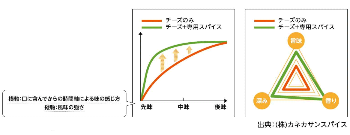 グラフ：「チーズ×スパイス」おいしさの秘密。横軸：口に含んでからの時間軸による味の感じ方。縦軸：風味の強さ。出典：（株）カネカサンスパイス