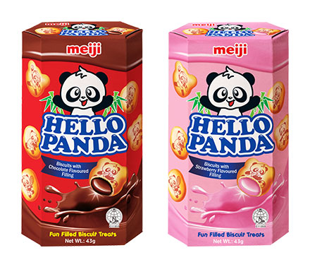画像：左からHello Panda Biscuits with Chocolate Flavoured Filling（43g）、Hello Panda Biscuits with Strawberry Flavoured Filling（43g）の商品パッケージ