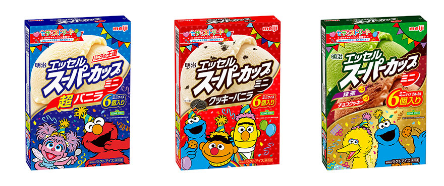 画像：「明治 エッセル スーパーカップミニ 超バニラ」「同 クッキーバニラ」（各80ml×6個）「同 抹茶・チョコクッキー」（80ml×2種×各3個）の商品パッケージ