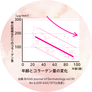 年齢とコラーゲン量の変化 出典:British Journal of Dermatology vol.93 No.6,639-643(1975)(改変)