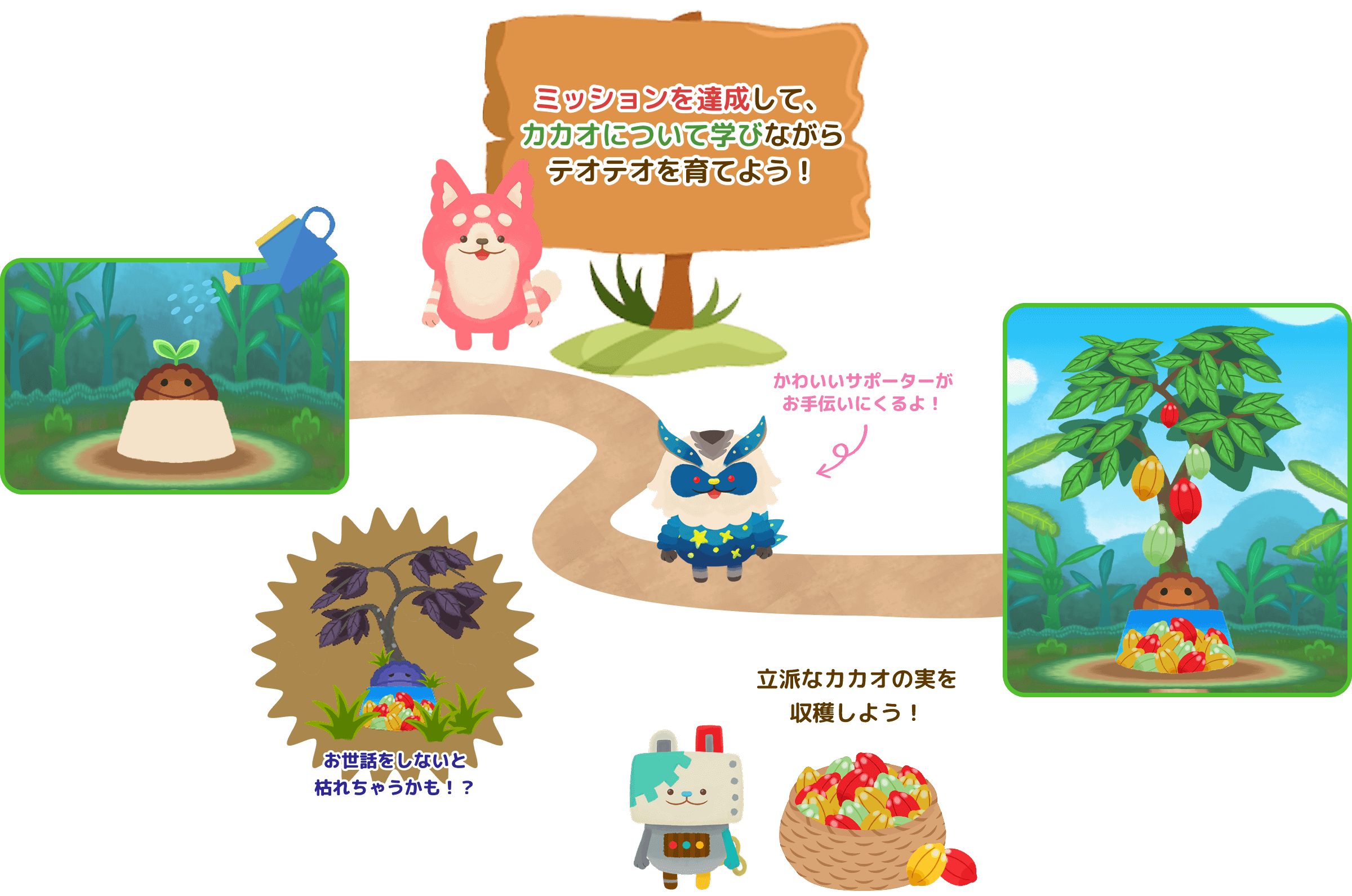 ミッションを達成して、 カカオについて学びながら テオテオを育てよう！ かわいいサポーターが お手伝いにくるよ！ おせわをしないと 枯れちゃうかも！？ 立派なカカオの実を収穫しよう！