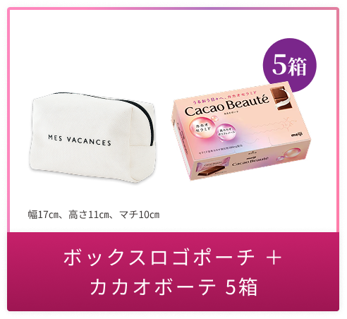 ミヴァコンスボックスロゴポーチとカカオボーテ5箱のセットです。