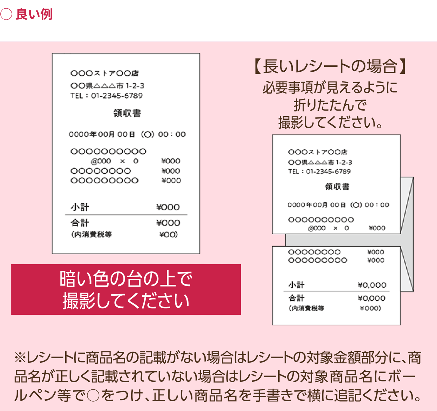 良い例として、暗い色の台の上で撮影してください。長いレシートの場合は、必要事項が見えるように折りたたんで撮影してください。レシートに商品名の記載がない場合は、該当する金額の部分を丸で囲って撮影してください。