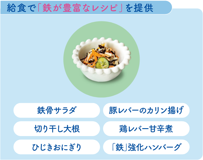 給食で「鉄が豊富なレシピ」を提供（鉄骨サラダ・豚レバーのカリン揚げ・切り干し大根・鶏レバー甘辛煮・ひじきおにぎり・「鉄」強化ハンバーグ）