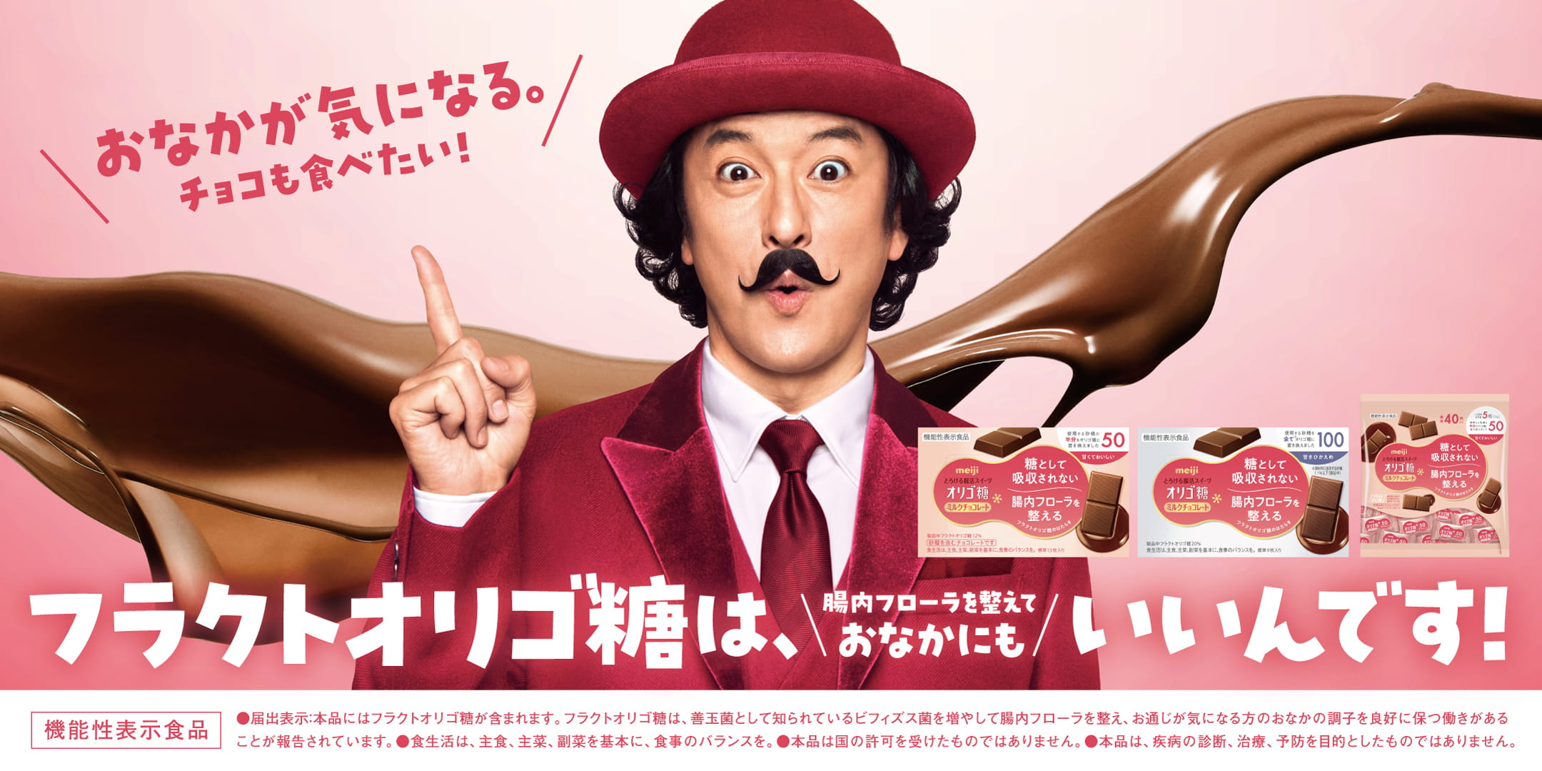 明治オリゴ糖ミルクチョコレート おなかが気になる。チョコも食べたい！フラクトオリゴ糖は腸内フローラを教えておなかにもいいんです！