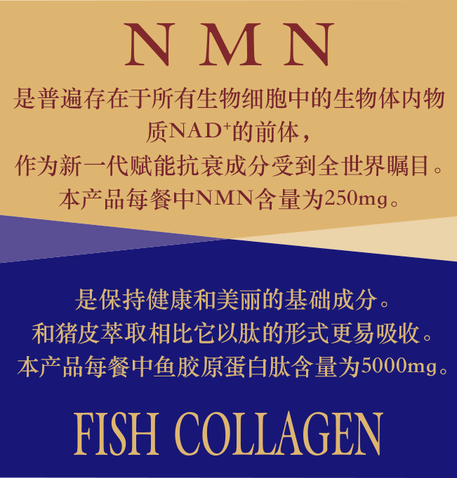 NMN 是普遍存在于所有生物细胞中的生物体内物质NAD+的前体，作为新一代赋能抗衰成分受到全世界瞩目。本产品每餐中NMN含量为250mg。 FISH COLLAGEN 是保持健康和美丽的基础成分。和猪皮萃取相比它以肽的形式更易吸收。本产品每餐中鱼胶原蛋白肽含量为5000mg。