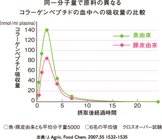 同一分子量で原料の異なるコラーゲンペプチドの血中への吸収量の比較