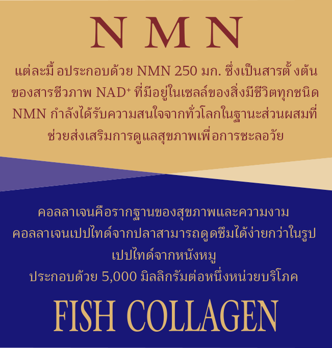 NMN แต่ละมื้อประกอบด้วย NMN 250 มก. ซึ่งเป็นสารตั้งต้นของสารชีวภาพ NAD+ ที่มีอยู่ในเซลล์ของสิ่งมีชีวิตทุกชนิด NMN กำลังได้รับความสนใจจากทั่วโลกในฐานะส่วนผสมที่ช่วยส่งเสริมการดูแลสุขภาพเพื่อการชะลอวัย คอลลาเจนคือรากฐานของสุขภาพและความงาม คอลลาเจนเปปไทด์จากปลาสามารถดูดซึมได้ง่ายกว่าในรูปเปปไทด์จากหนังหม ประกอบด้วย 5,000 มิลลิกรัมต่อหนึ่งหน่วยบริโภค