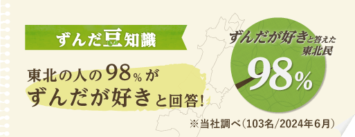 ずんだ豆知識 東北の人の98%がずんだが好きと回答！ずんだが好きと答えた東北民98% ※当社調べ（103名/2024年6月）