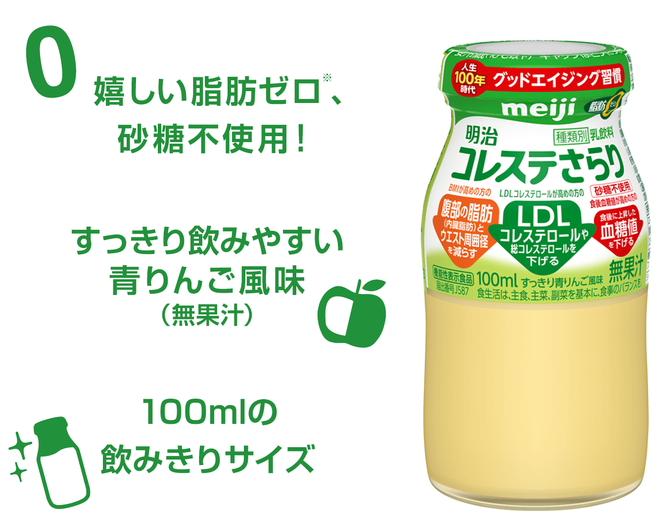 嬉しい脂肪ゼロ※、砂糖不使用！　すっきり飲みやすい青りんご風味　100mlの飲みきりサイズ